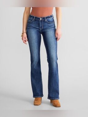 BKE “Element Stretch” Low Rise Boot Cut Jeans With Whiskering And Heel Distress